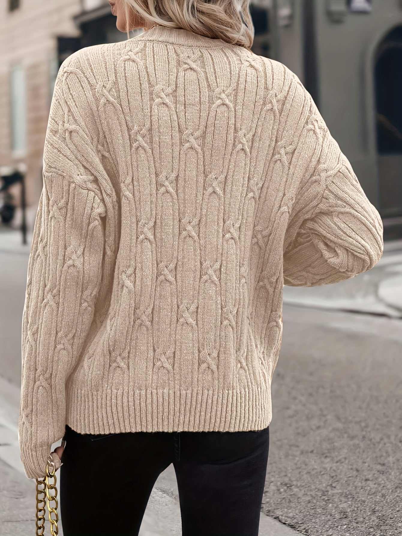 V-Neck Cable Knit Sweater, Casual Long Sleeve for Fall & Spring