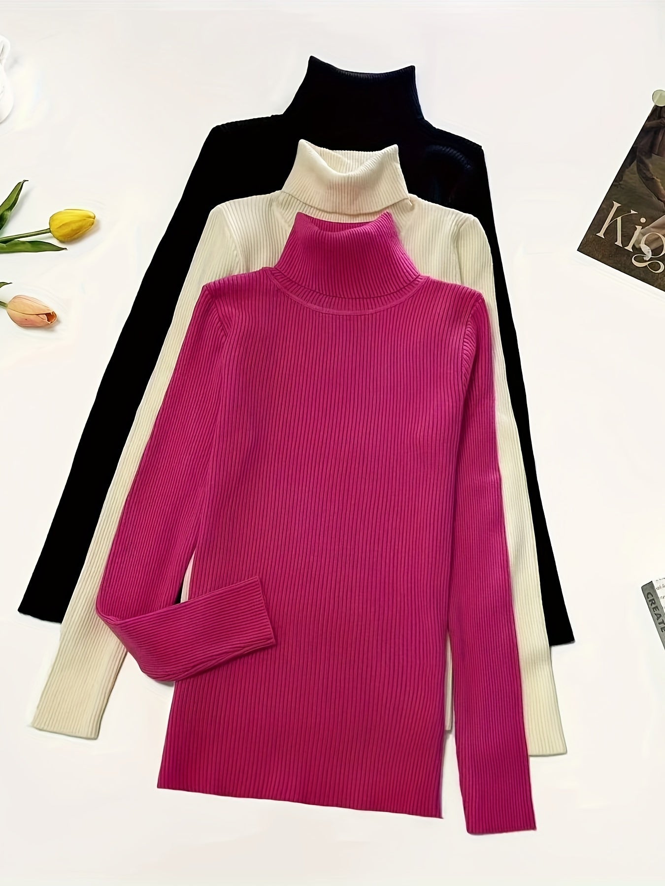 Turtleneck 3-Pack Sweaters - Casual Solid Color Long Sleeve for Fall & Winter