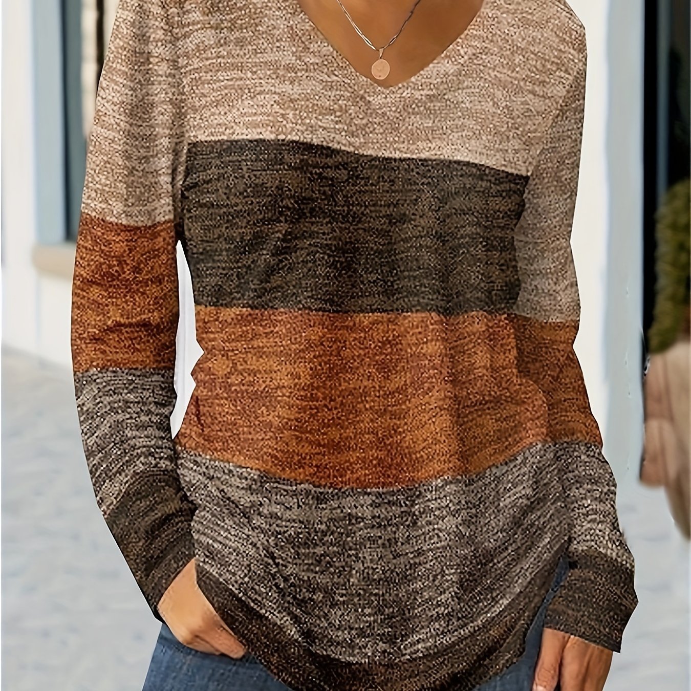 Color Block V-Neck T-Shirt, Casual Long Sleeve for Spring & Fall.