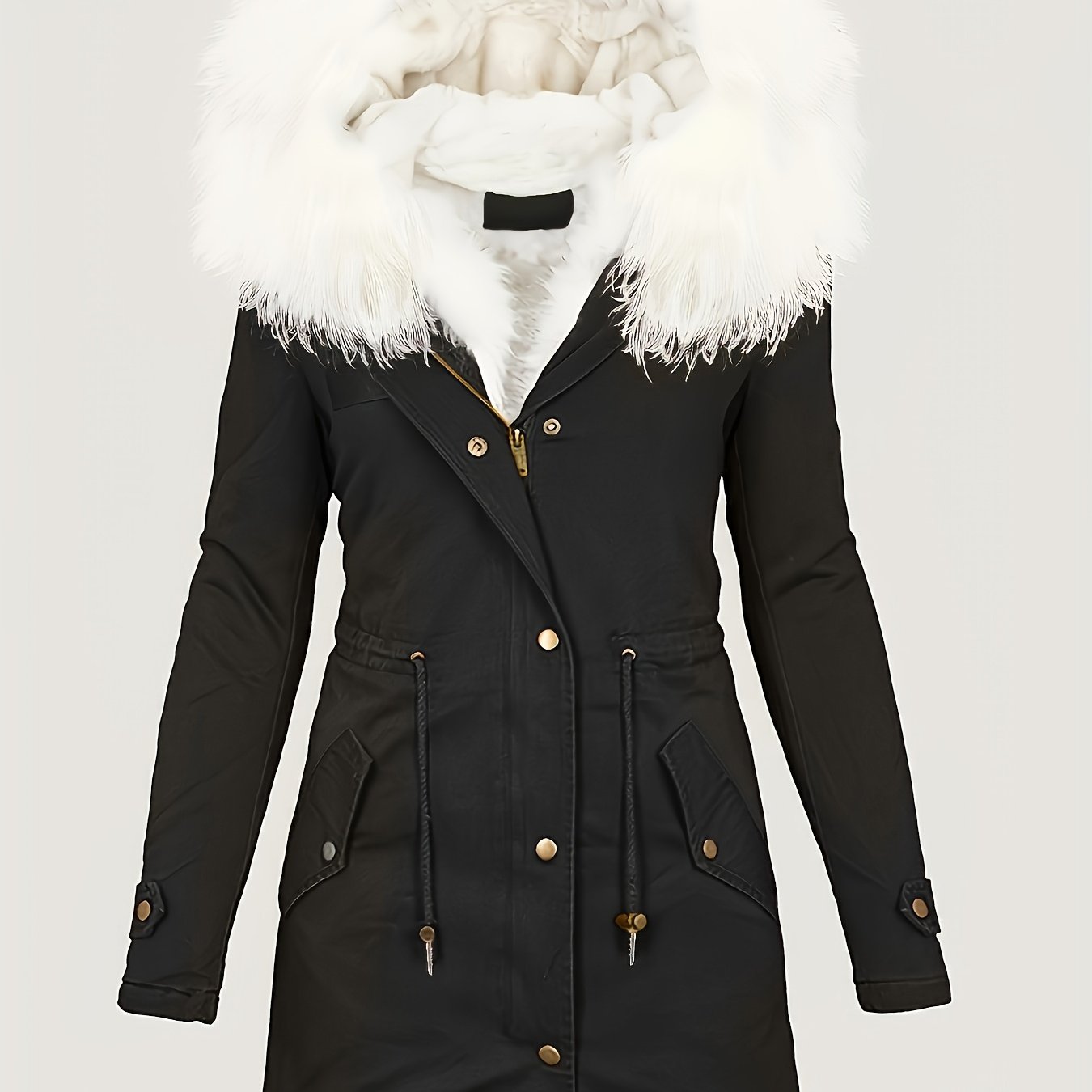 Zip-up Fuzzy Trim Hoodie Coat, Casual Faux Fur Lined, Drawstring Waist