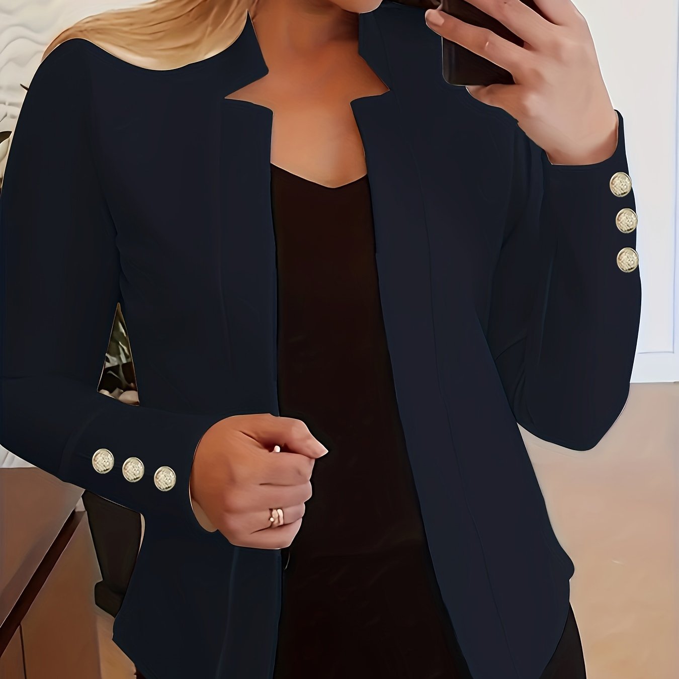 Solid Open Front Blazer, Casual Long Sleeve Button Blazer For Office & Work, Women's Clothing