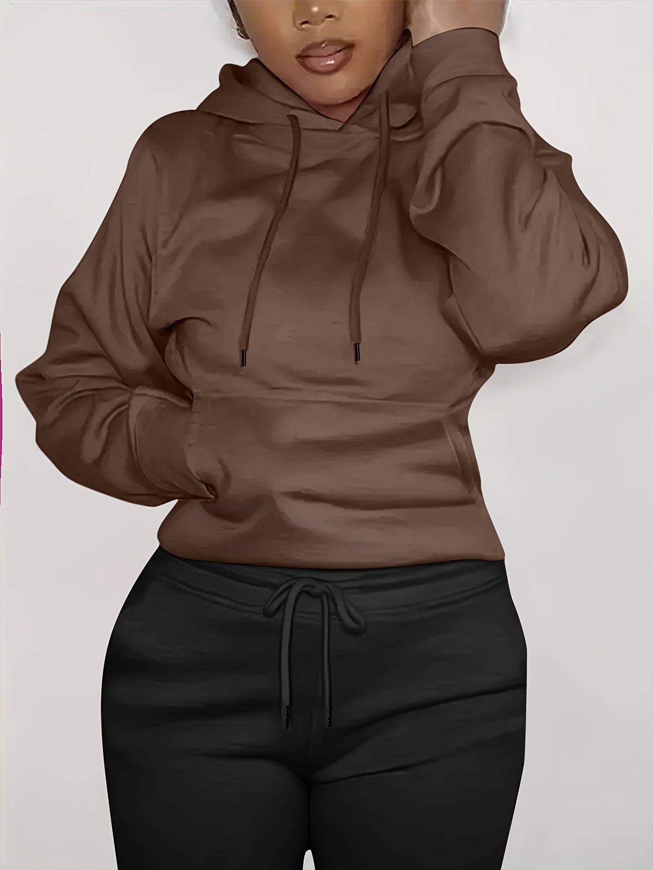 Solid Kangaroo Pocket Hoodie - Casual Long Sleeve Drawstring Sweatshirt