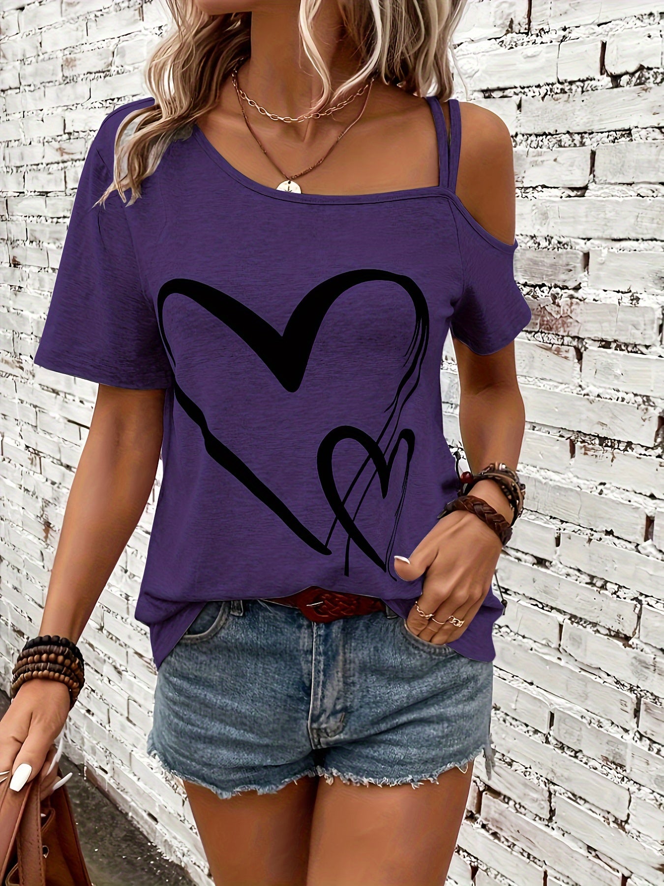 Stylish Heart Print One Shoulder Short Sleeve T-shirt - Elegant Asymmetrical Polyester Top with Micro Elasticity - Perfect for Summer, Womens Regular Length Knit Fabric Clothing