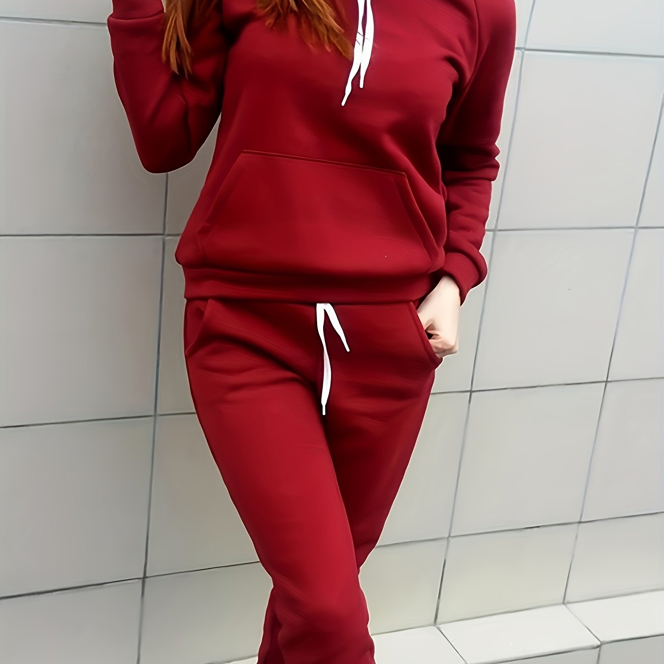 Solid Two-piece Set, Hoodie with Kangaroo Pocket & Drawstring Pants