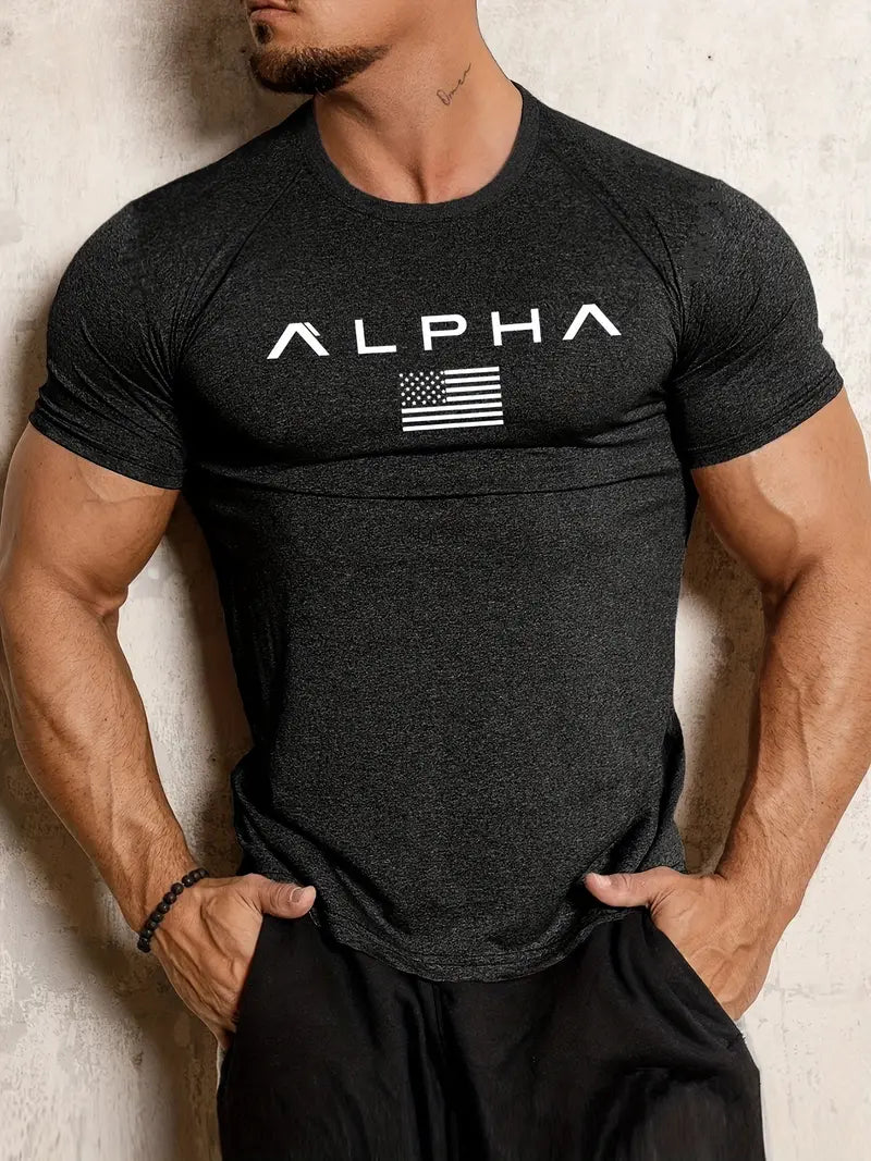 Men's Athletic Crew Neck T-Shirt – Quick-Dry, Alphabet Print, Skinny Fit, Short Sleeve
