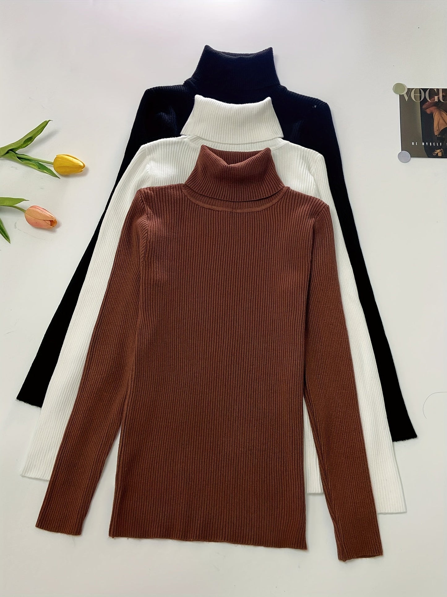 Turtleneck 3-Pack Sweaters - Casual Solid Color Long Sleeve for Fall & Winter