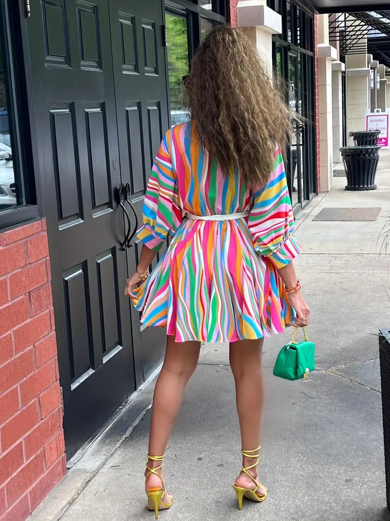 Colorful Striped V-Neck Belted A-Line Dress – Long Sleeve, Machine Washable, Vibrant Streetwear