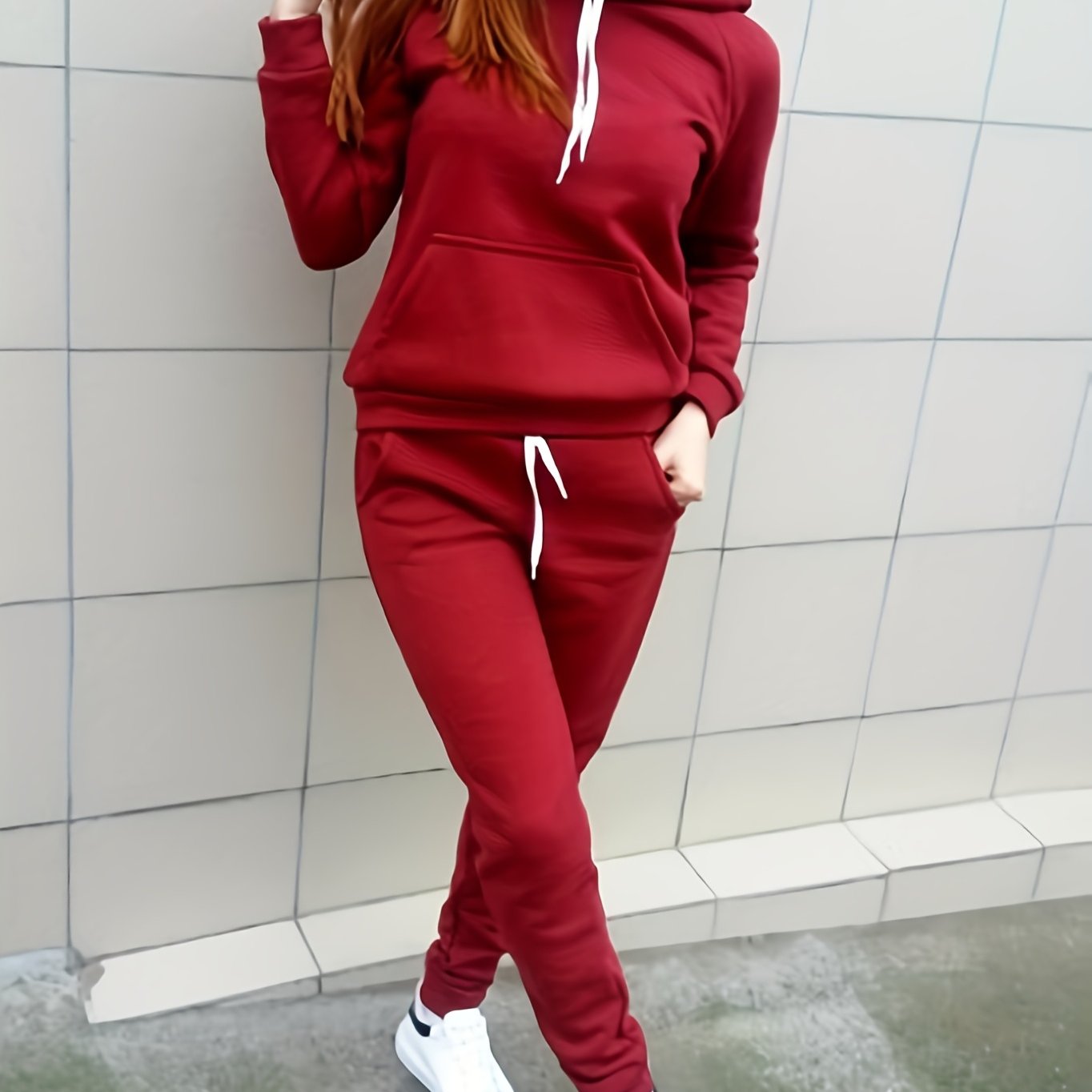 Solid Two-piece Set, Hoodie & Drawstring Pants