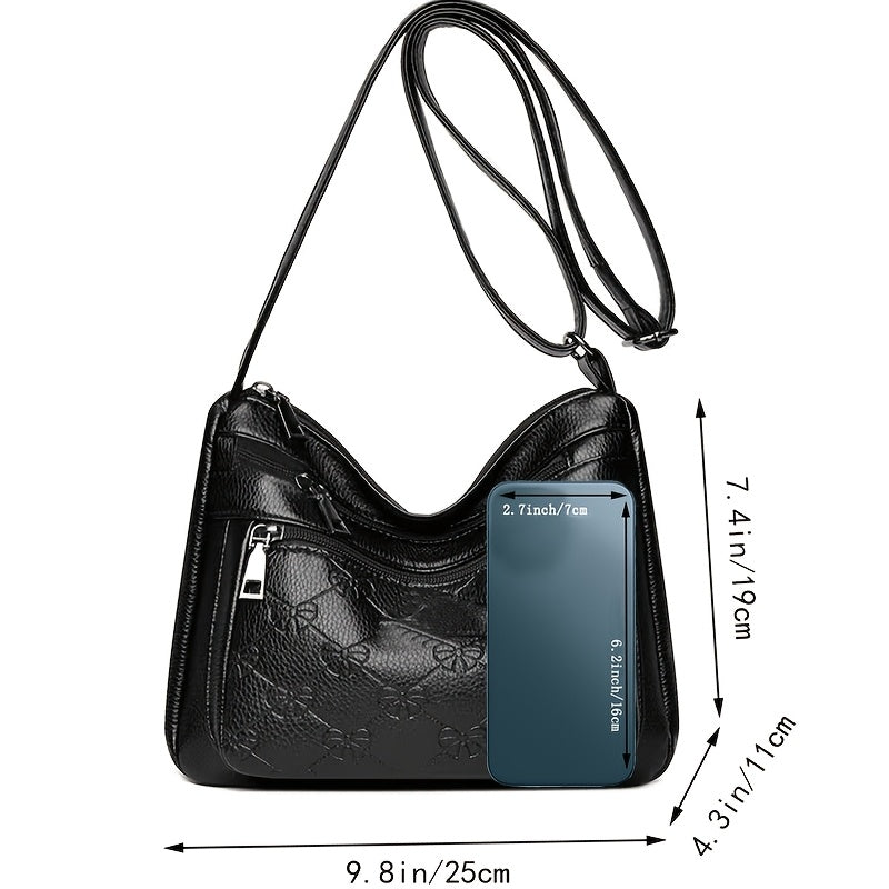 Bolsa acolchoada crossbody - couro sintético, cor sólida, enfeite de borla, fecho de zíper