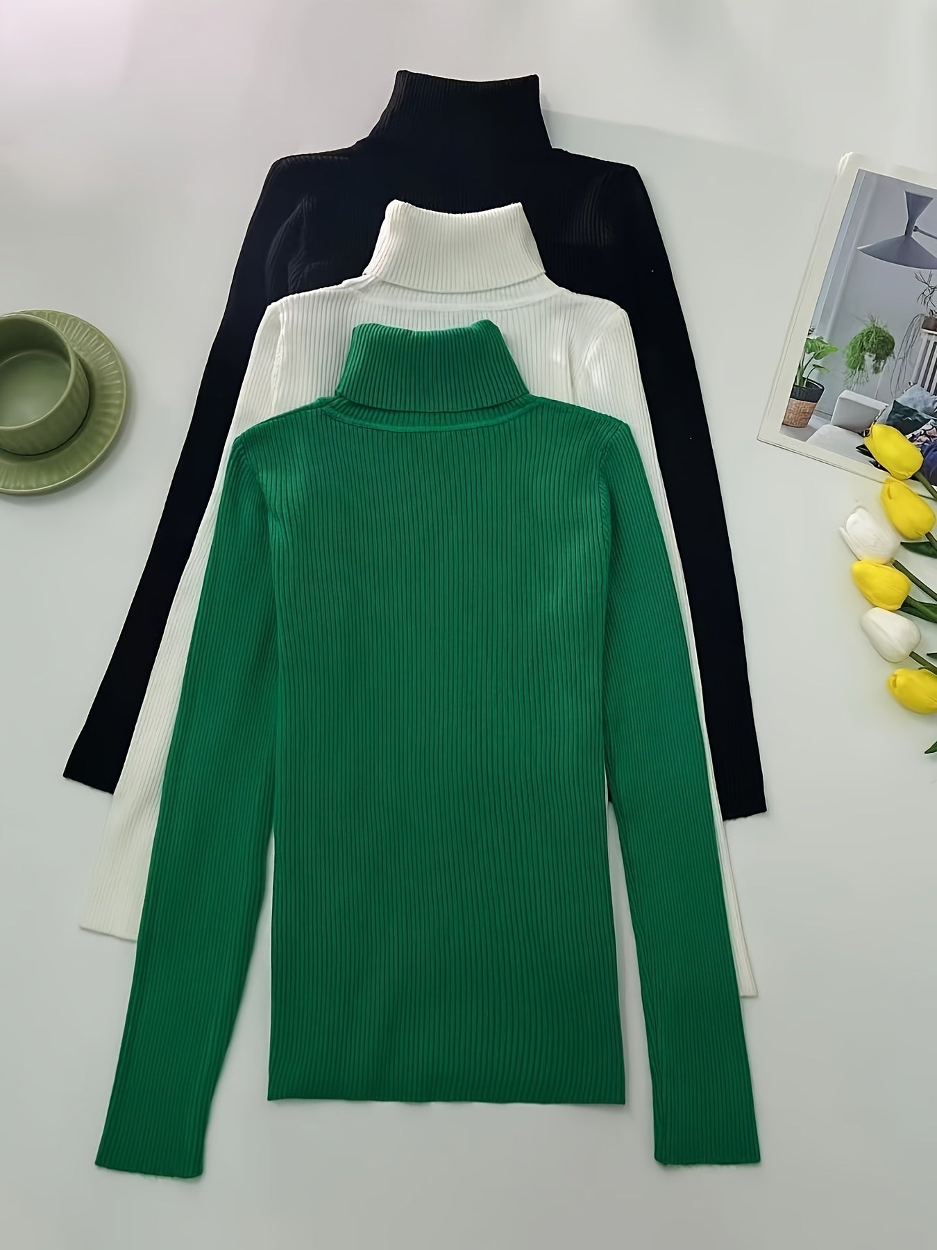 Turtleneck 3-Pack Sweaters - Casual Solid Color Long Sleeve for Fall & Winter