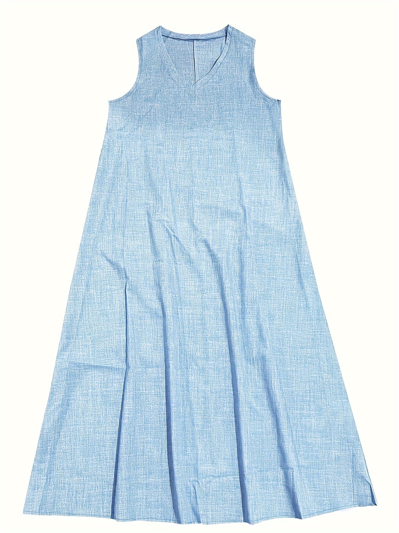 Vestido longo com decote em V, sem mangas, cor sólida, ideal para primavera e verão.