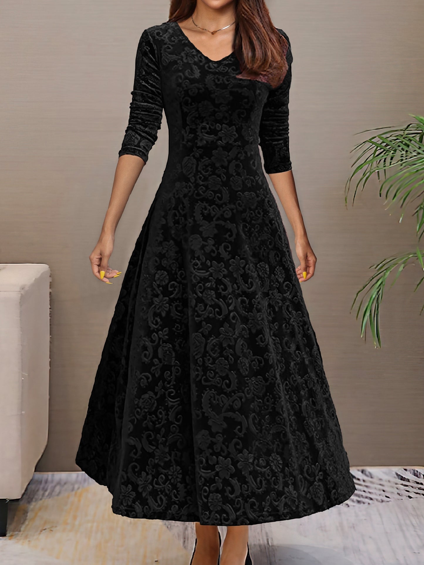 Vestido longo liso, decote em V, manga comprida, estilo elegante para primavera/outono.