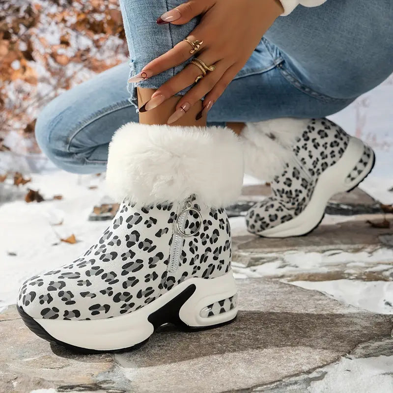 Plateau-Stiefeletten für Damen – glatter Reißverschluss, klobiger Stil, Plüschfutter