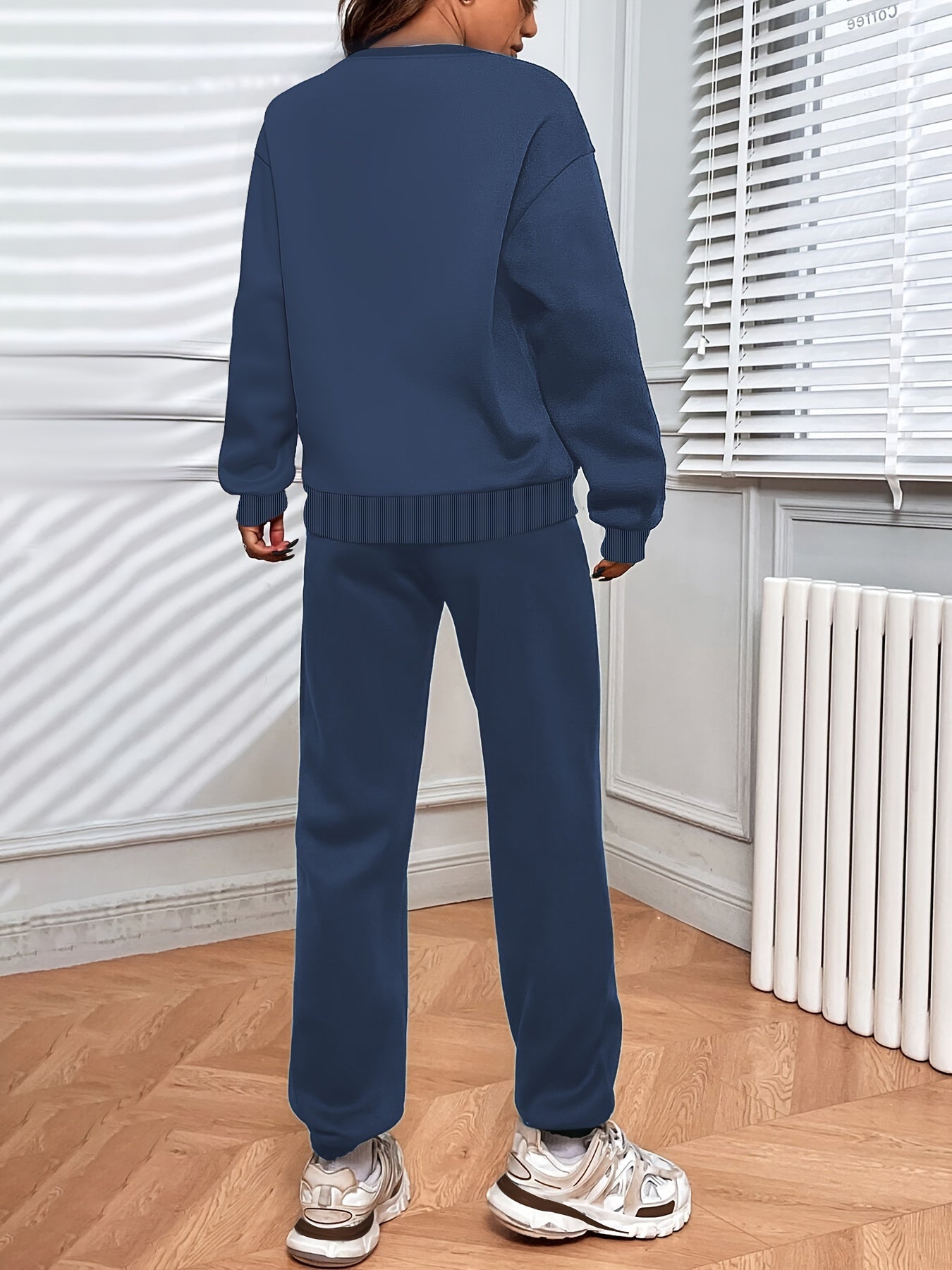 Solid Casual Two-piece Set, Crew Neck Top & Drawstring Jogger Pants