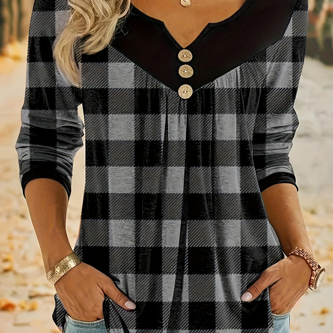 Camiseta xadrez com decote em V para mulheres, estilo boho, mangas compridas.