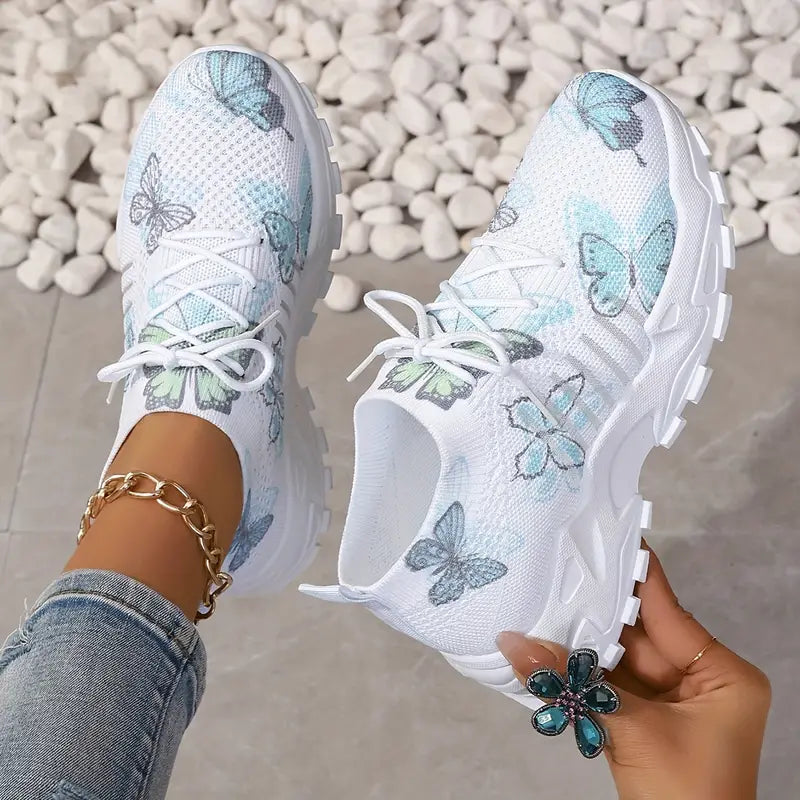 Damen-Sneaker mit Schmetterlingsmuster – Schnürschuhe, atmungsaktives Strick-Low-Top