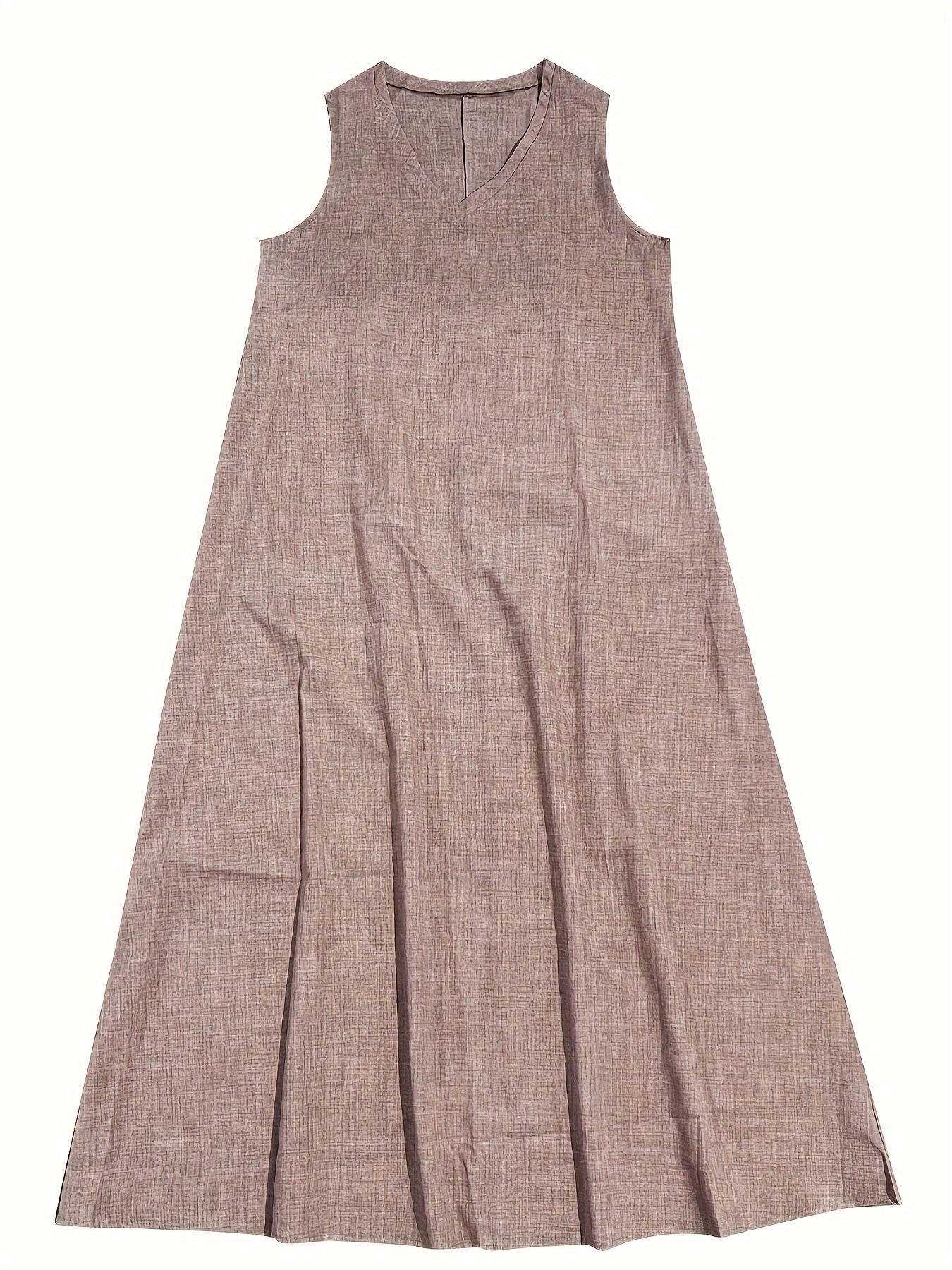 Vestido longo com decote em V, sem mangas, cor sólida, ideal para primavera e verão.