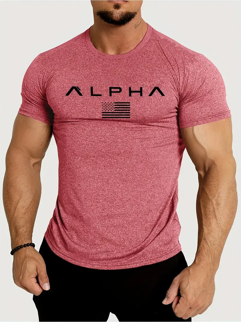 Men's Athletic Crew Neck T-Shirt – Quick-Dry, Alphabet Print, Skinny Fit, Short Sleeve