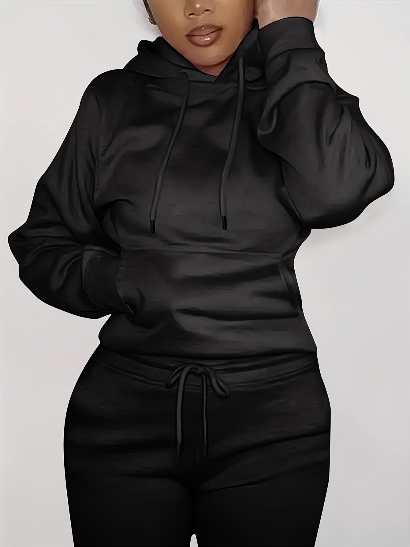 Solid Kangaroo Pocket Hoodie - Casual Long Sleeve Drawstring Sweatshirt