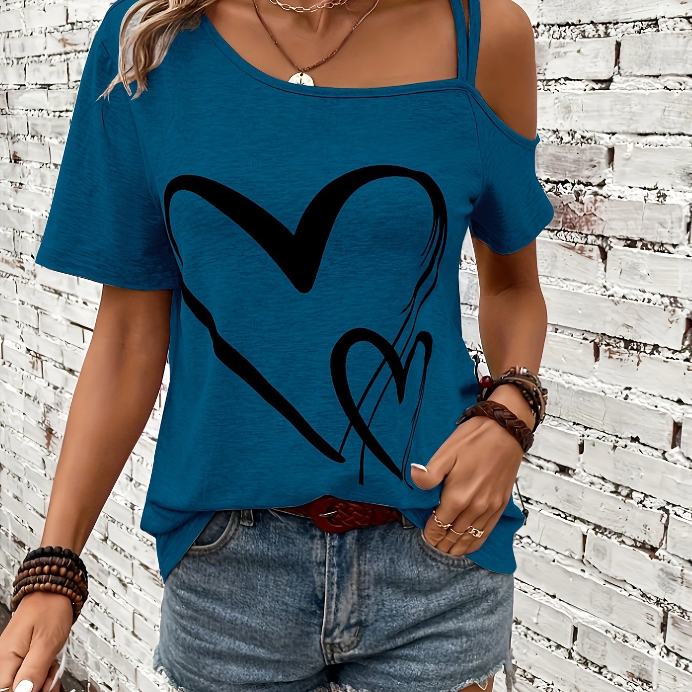 Stylish Heart Print One Shoulder Short Sleeve T-shirt - Elegant Asymmetrical Polyester Top with Micro Elasticity - Perfect for Summer, Womens Regular Length Knit Fabric Clothing