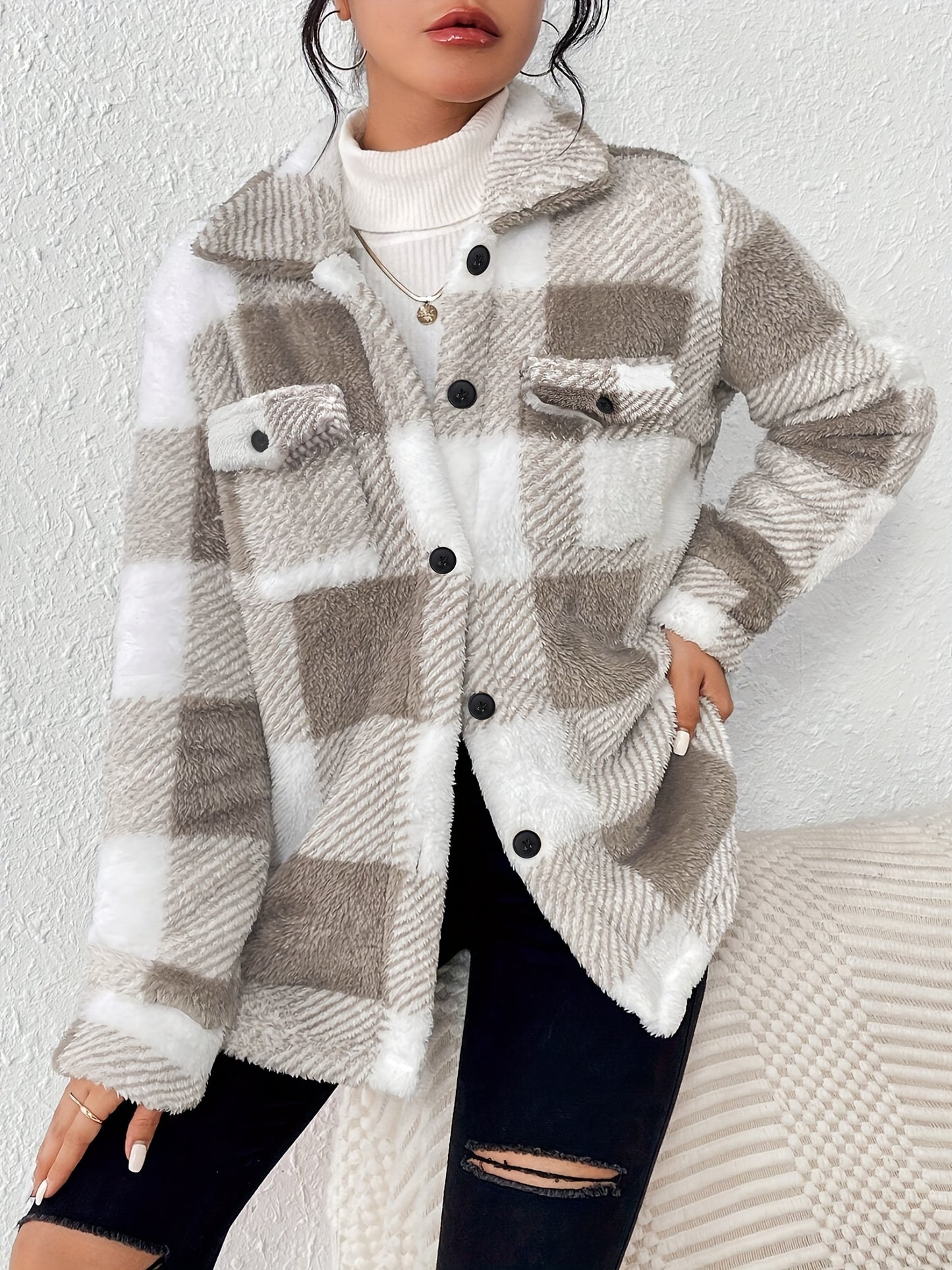 Elegant Plush Winter Jacket - Polyester and Elastane, Checkered Pattern, High Stretch Fabric, Machine Washable, Knitted Style