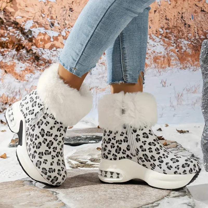 Plateau-Stiefeletten für Damen – glatter Reißverschluss, klobiger Stil, Plüschfutter