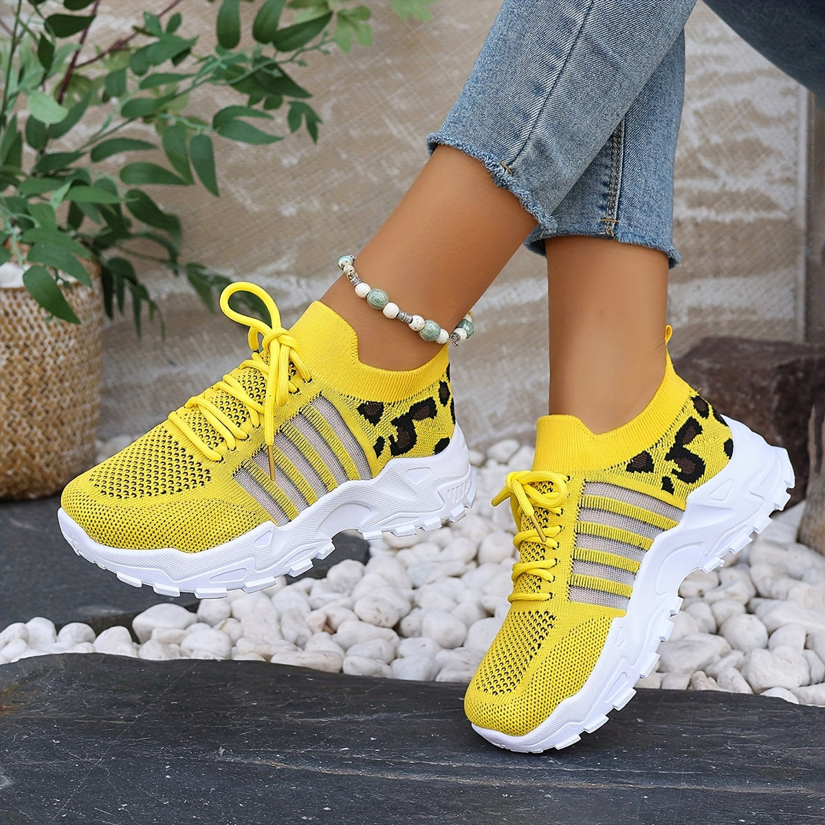 Women's Leopard Print Lace-up Running Shoes, Breathable Platform (Plus Size)