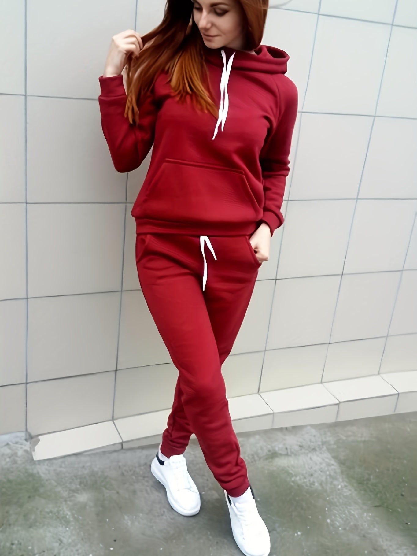 Solid Two-piece Set, Hoodie & Drawstring Pants