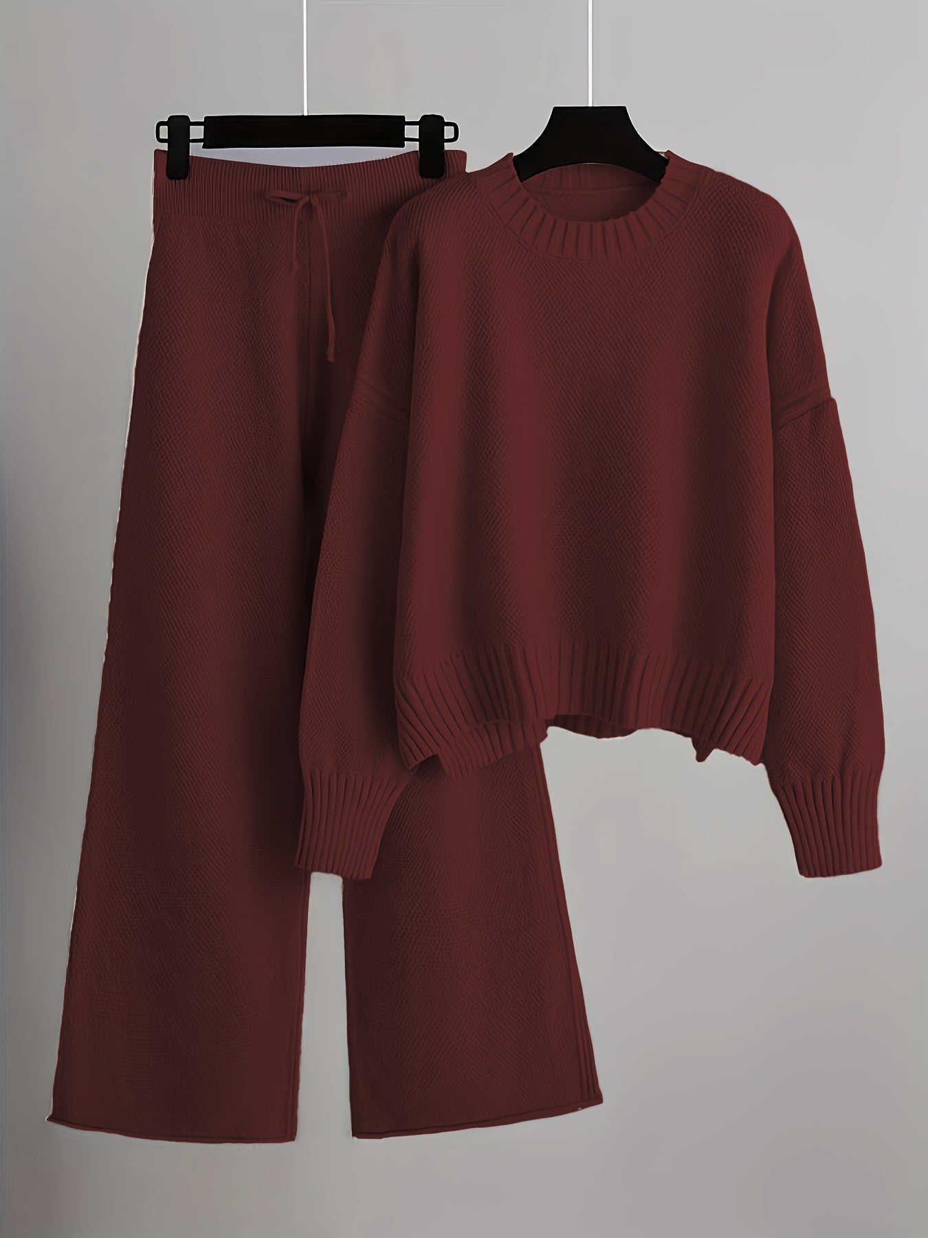 Damen-Set aus Strickpullover und Hose mit weitem Bein – lässig, langärmlig, einfarbig
