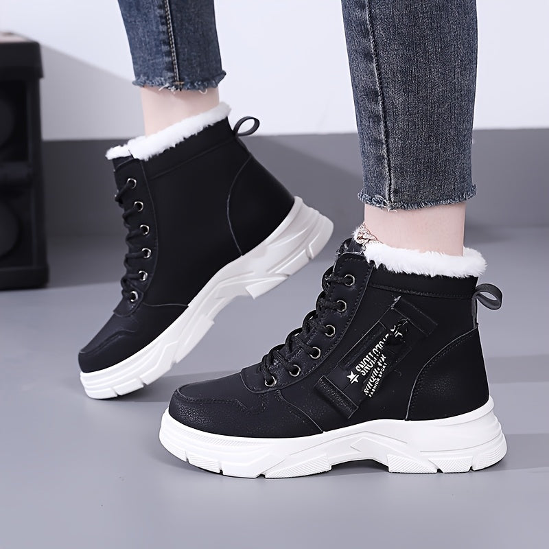 Botas de neve quentes de inverno femininas com zíper lateral - Sola grossa confortável, tênis de cano alto em cor sólida, botas de neve, sapatos para atividades ao ar livre