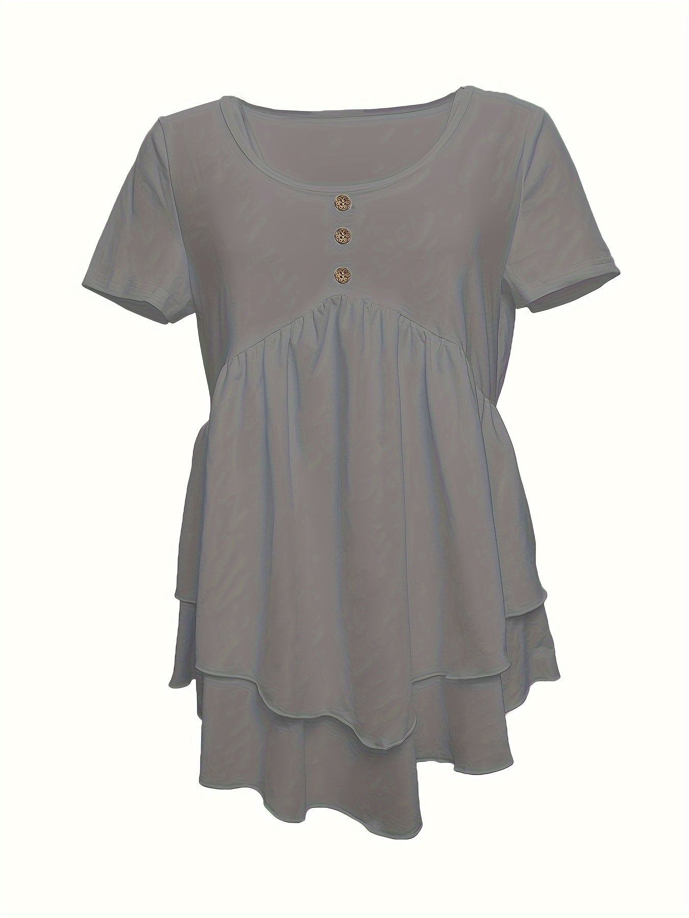 Camiseta de gola redonda de cor sólida, blusa flare com botões na frente e em camadas para primavera/verão.