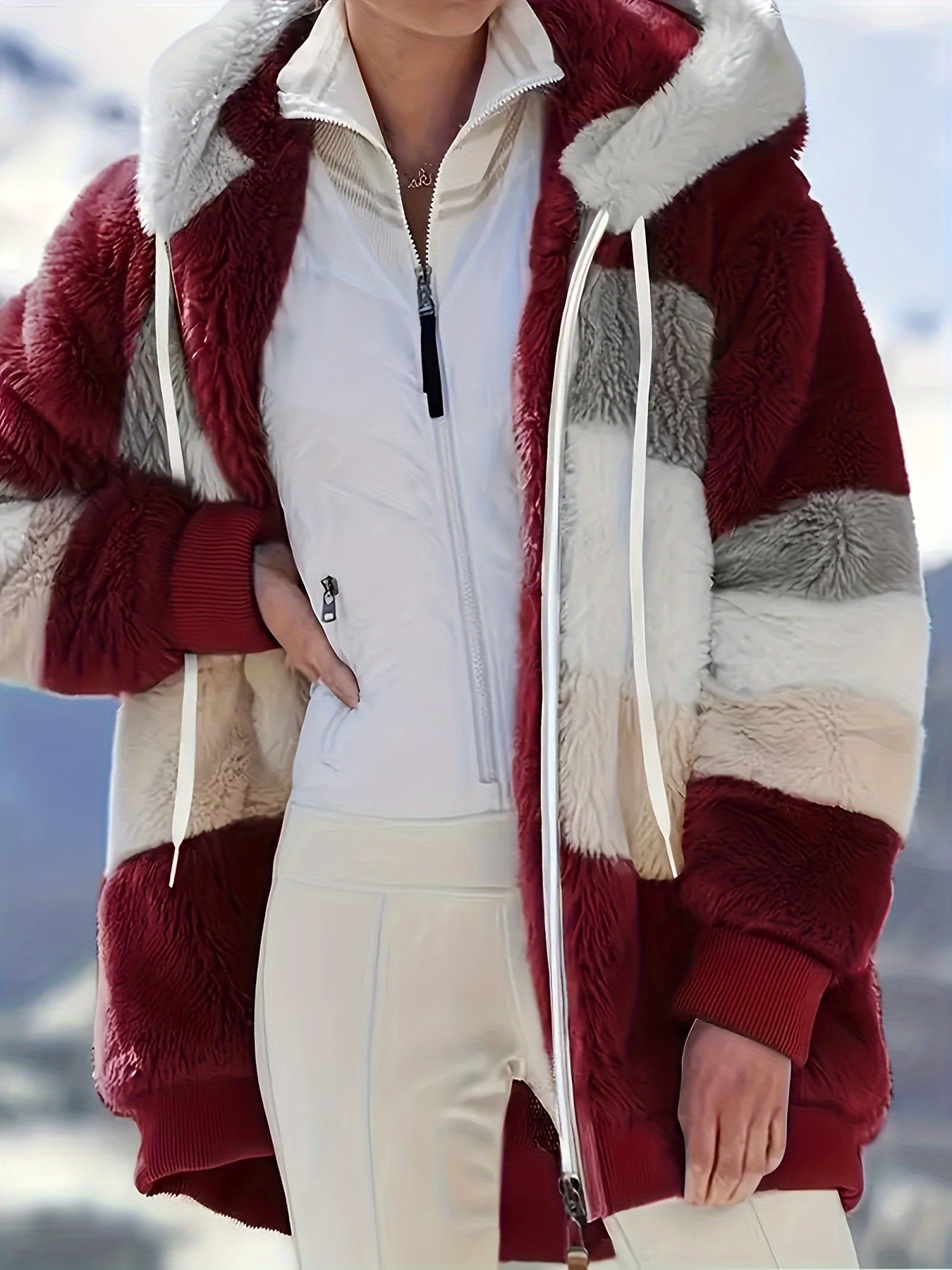 Color Block Fuzzy Hooded Coat, Casual Winter Outerwear.