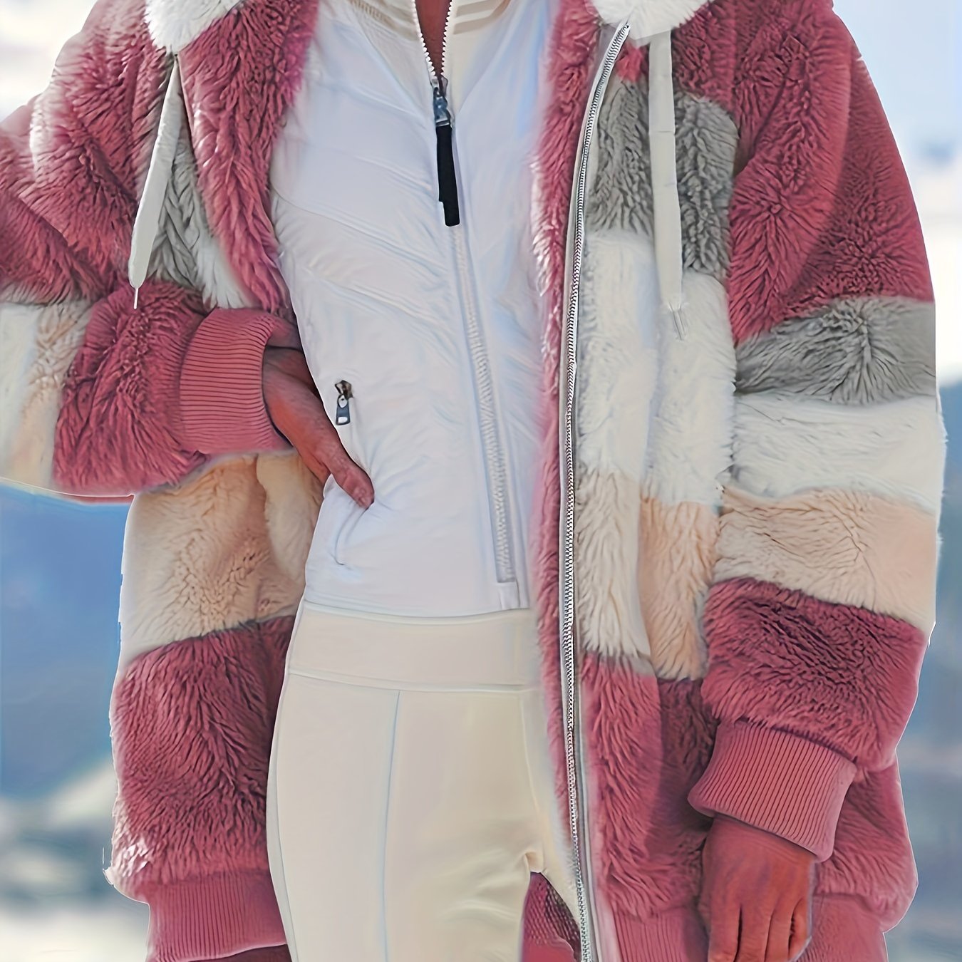Color Block Fuzzy Hooded Coat, Casual Winter Outerwear.