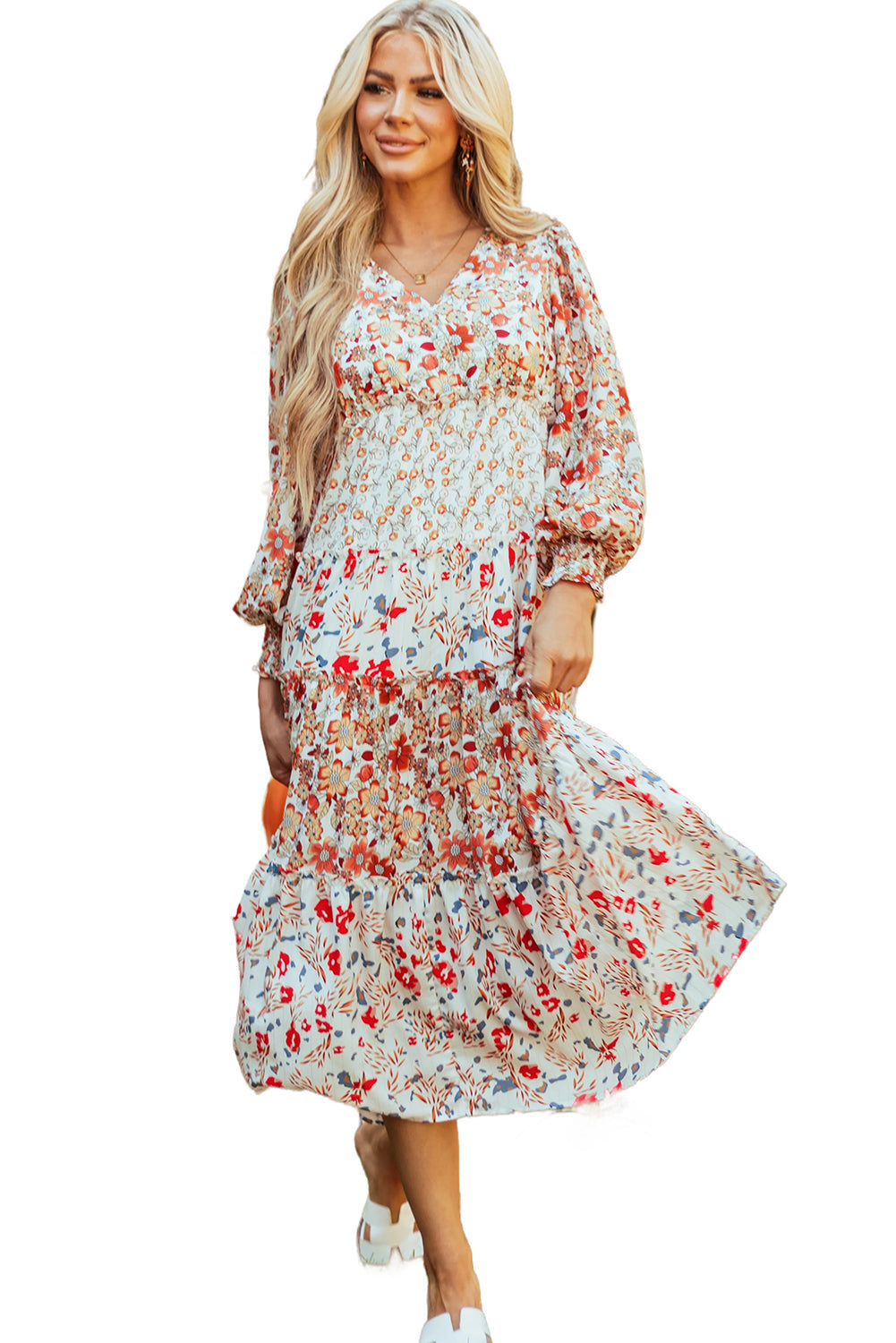 Vestido midi de manga comprida com babados e estampa floral