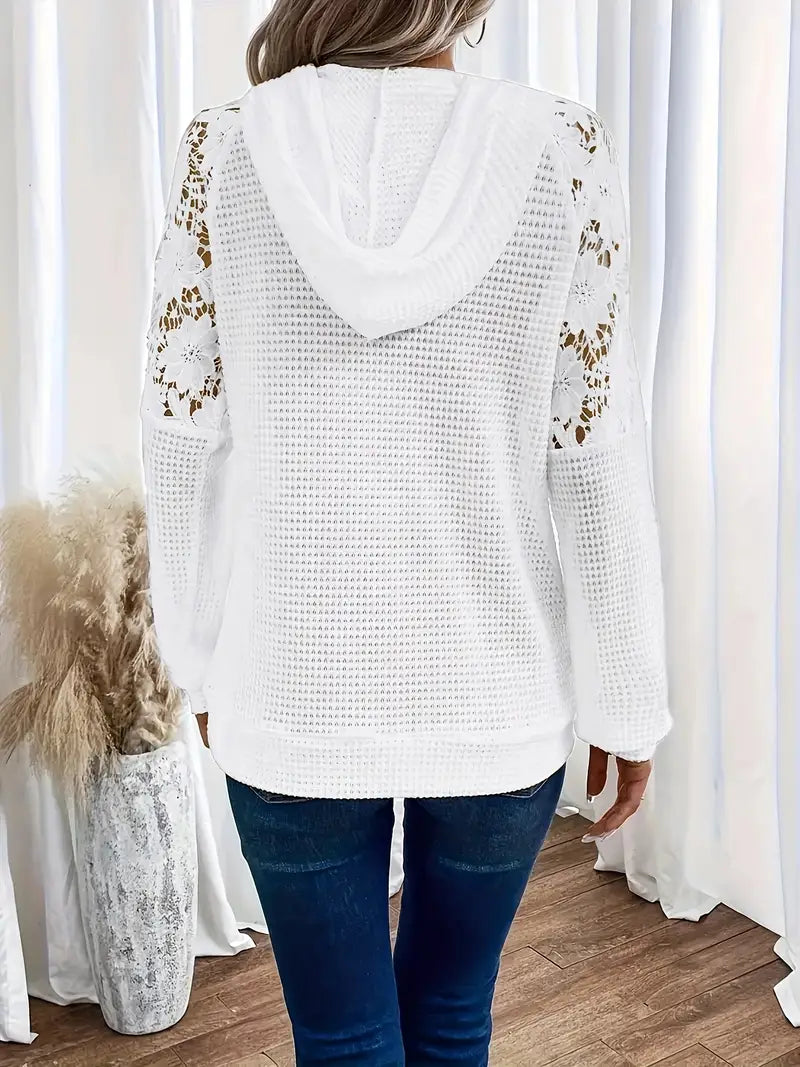 Moletom com capuz feminino chique com acabamento em renda branca – manga comprida casual, ombros raglan, malha waffle, lavável à máquina