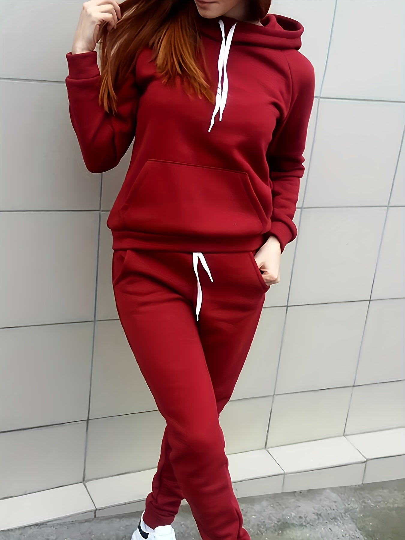 Solid Two-piece Set, Hoodie with Kangaroo Pocket & Drawstring Pants