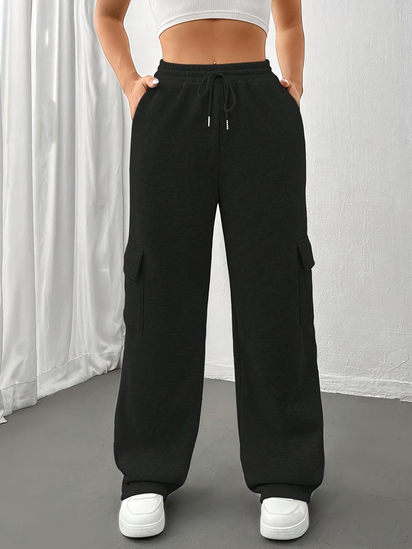 Flap Pocket Straight Leg Sweatpants - Drawstring Elastic Waist for Fall & Winter