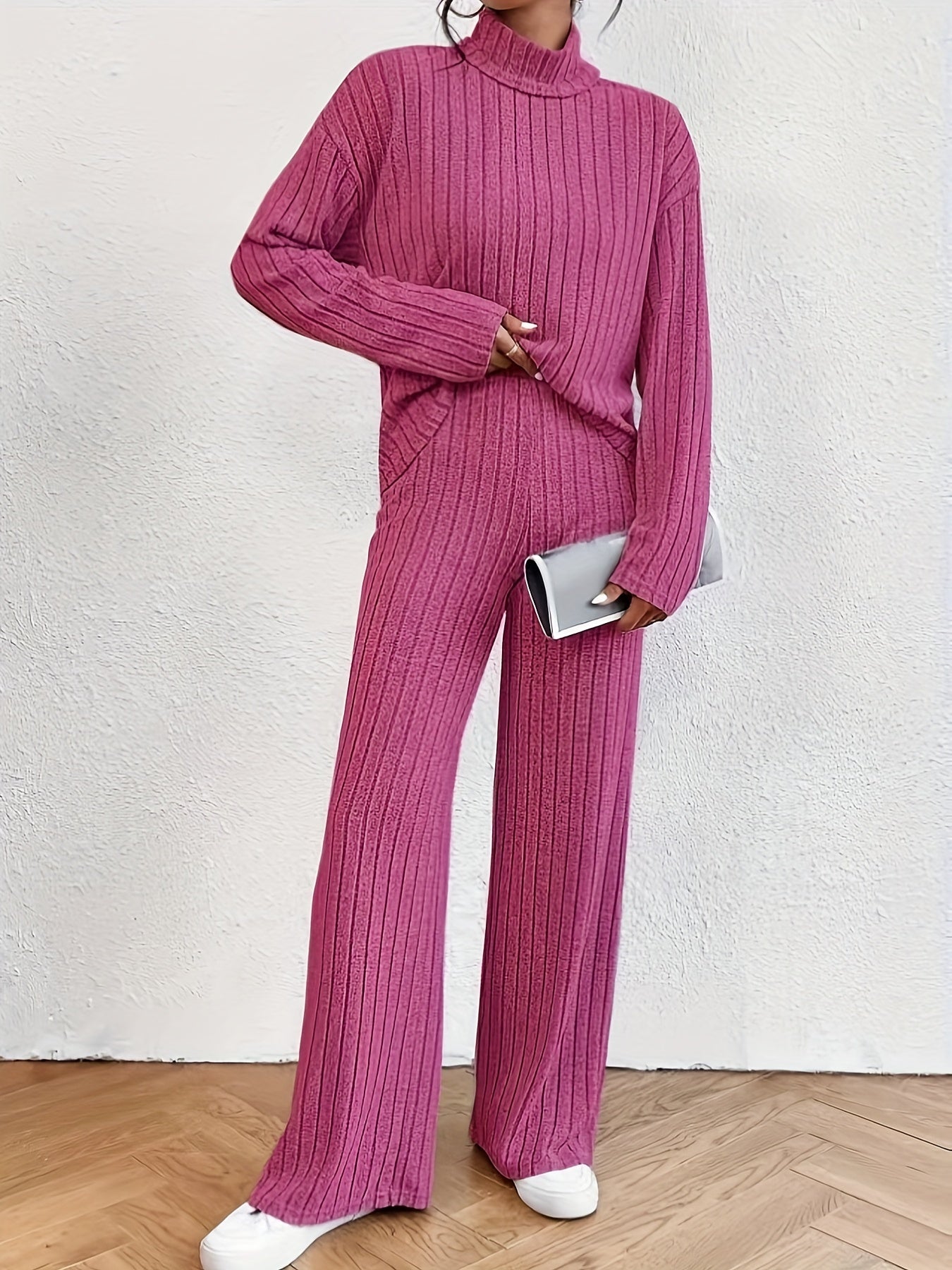 Solid Ribbed Two-piece Set, Mock Neck T-shirt & Wide Leg Pants