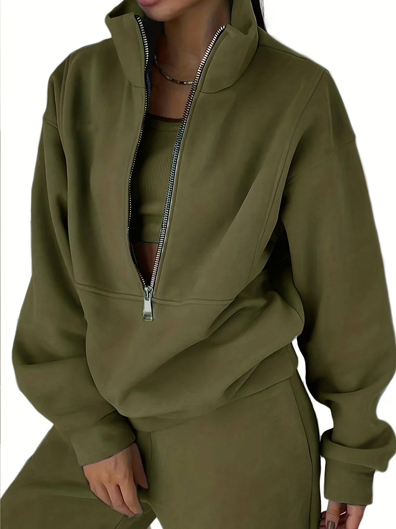 Solid Two-piece Set, Zip Front Sweatshirt & Elastic Waist Pants