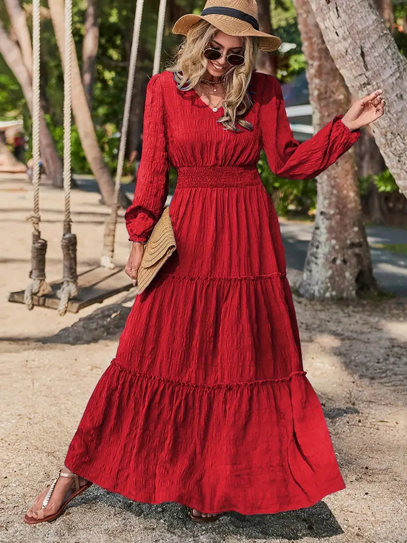 Solid V-Neck Textured Maxi Dress – Vacation Style, Smocked Long Sleeves