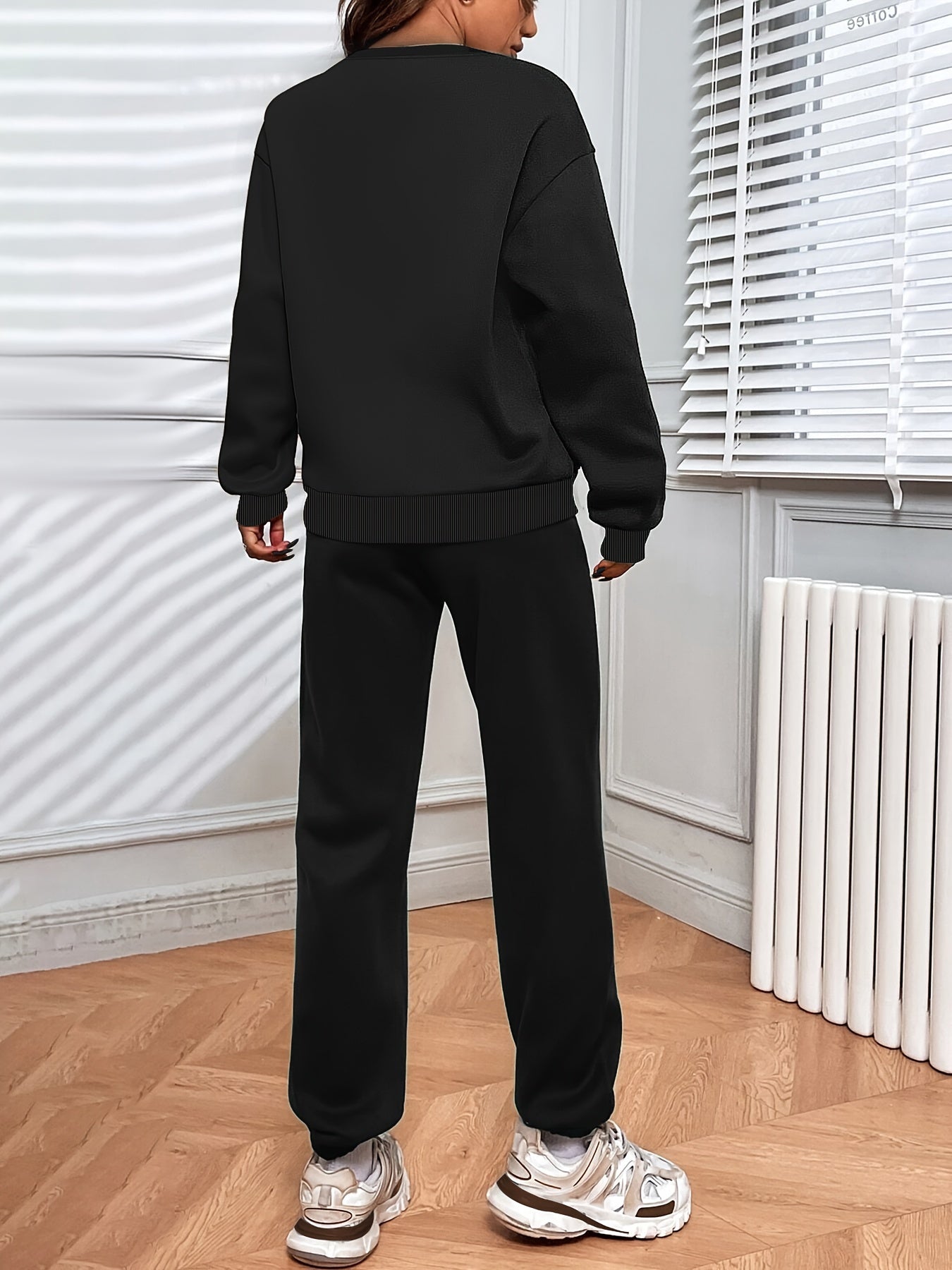 Solid Casual Two-piece Set, Crew Neck Top & Drawstring Jogger Pants