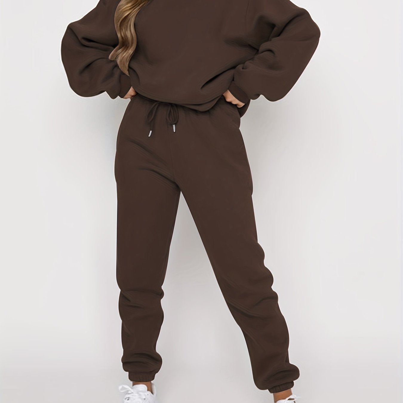 Solid Casual Two-piece Set, Crew Neck Top & Drawstring Jogger Pants
