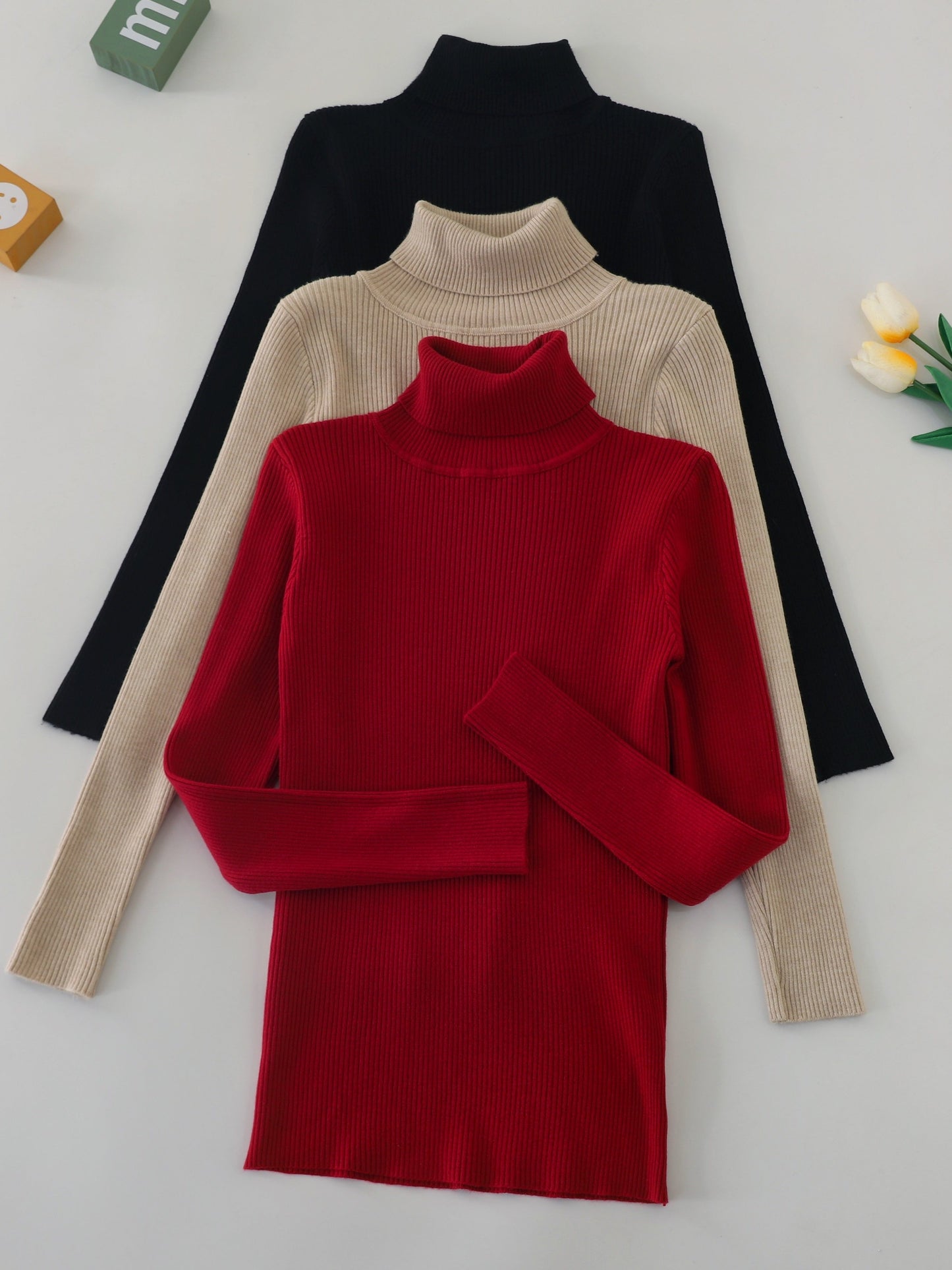 Turtleneck 3-Pack Sweaters - Casual Solid Color Long Sleeve for Fall & Winter