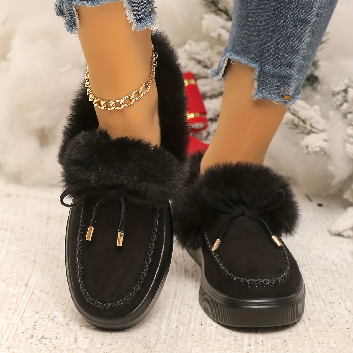 Botas femininas de inverno, cor sólida, bico redondo, salto plataforma baixo, sem cadarço, cabedal de tecido, interior de tecido, palmilha de tecido, sola de TPR, tamanho grande, quente, pelúcia, botas de neve, sapatilhas femininas para mulheres