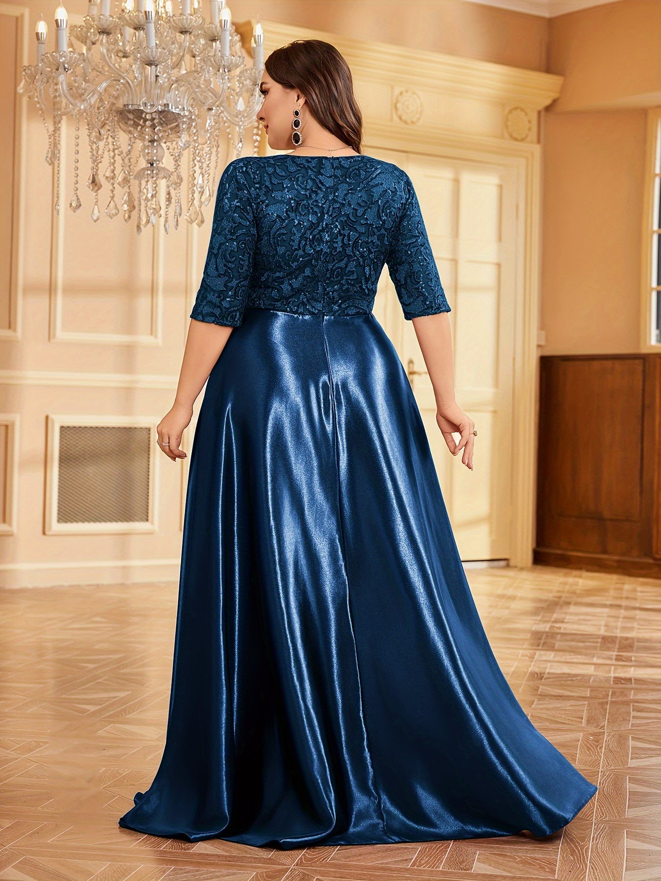 Elegant Navy Blue Sequin V-Neck Dress with Slim Fit Waist - Mid-Sleeve, A-Line Wedding & Banquet Gown, Polyester, Hand Washable