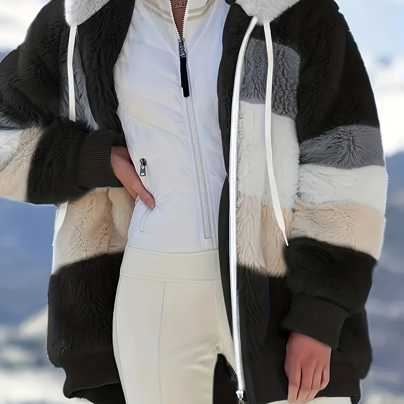 Color Block Fuzzy Hooded Coat, Casual Winter Outerwear.