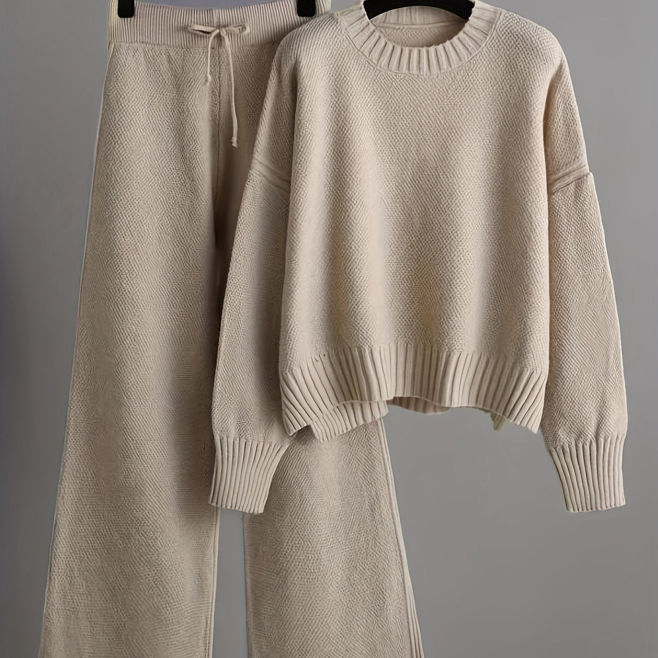 Damen-Set aus Strickpullover und Hose mit weitem Bein – lässig, langärmlig, einfarbig