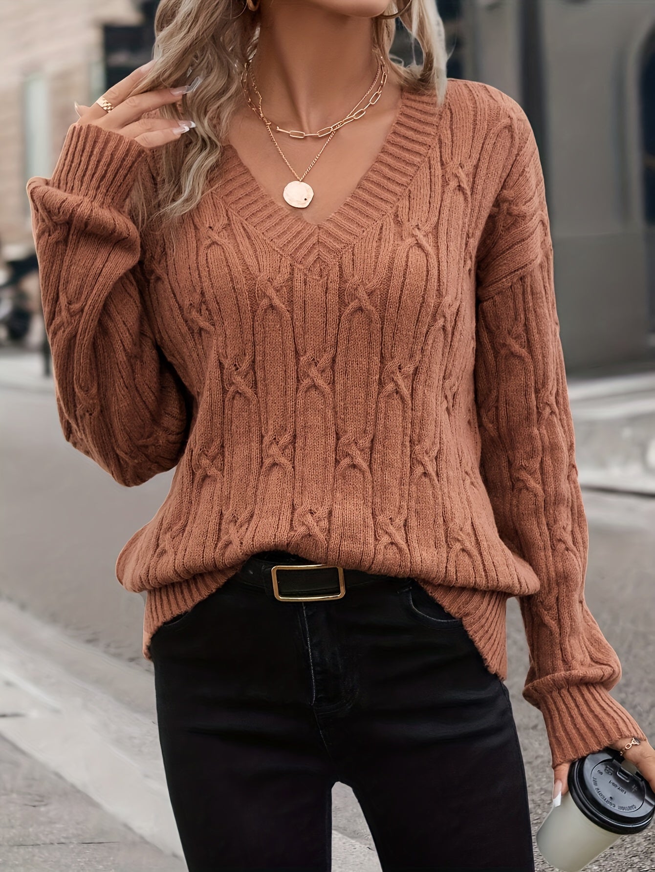 V-Neck Cable Knit Sweater, Casual Long Sleeve for Fall & Spring