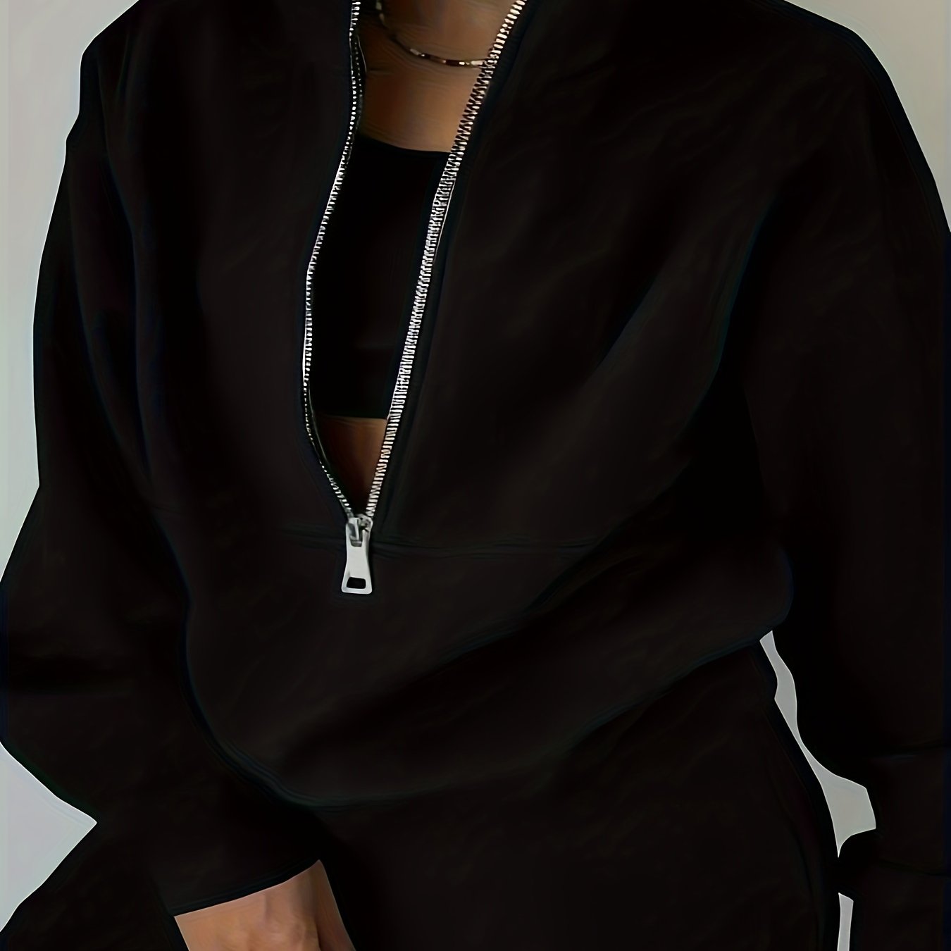 Solid Two-piece Set, Zip Front Sweatshirt & Elastic Waist Pants