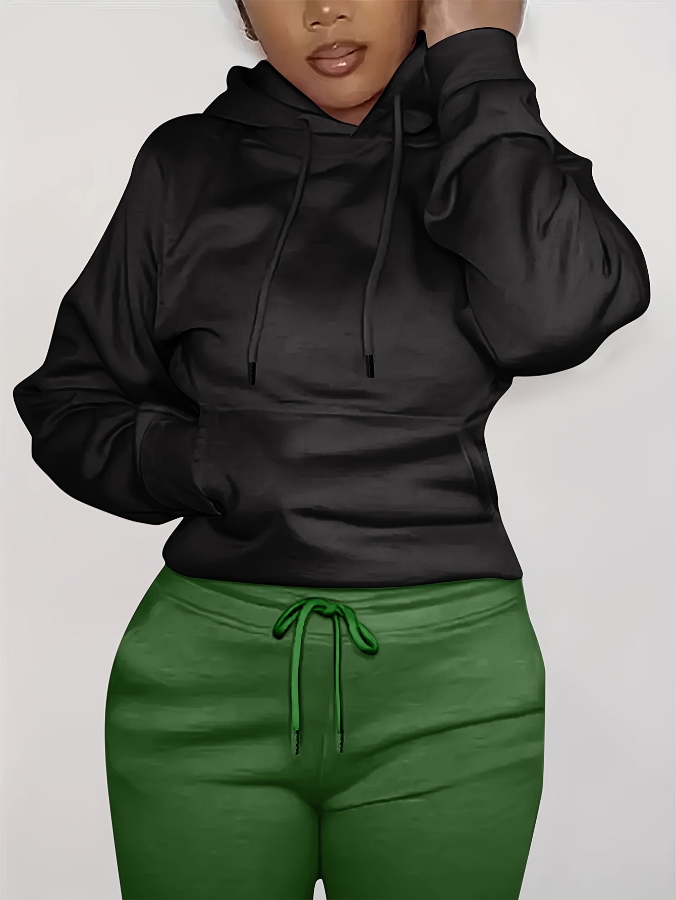 Solid Kangaroo Pocket Hoodie - Casual Long Sleeve Drawstring Sweatshirt